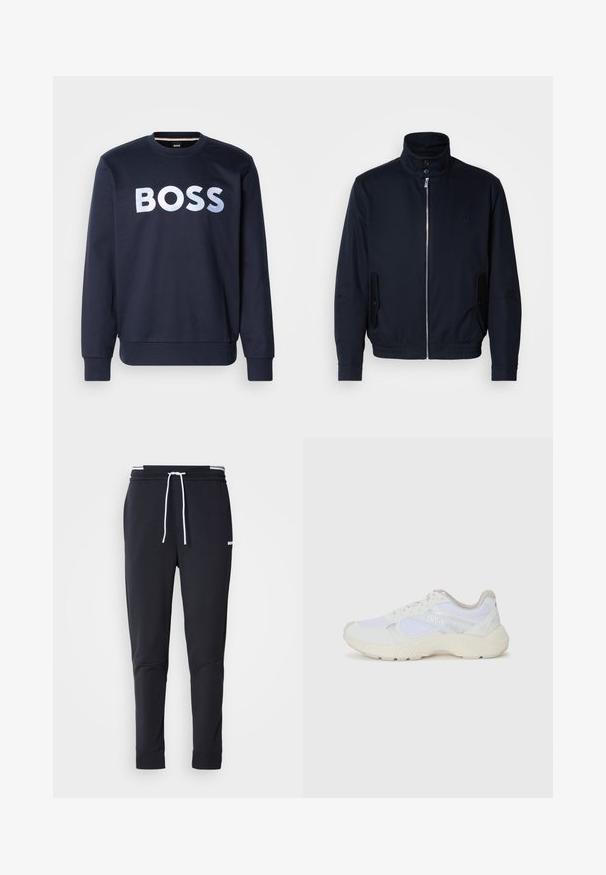 Námořnická modrá bunda s vysokým límcem, předním zipem, bočními kapsami a žebrovanými manžetami. Hladká textura s jemným logem na hrudi.; Námornícky sveter vyrobený z mäkkej tkaniny, na prednej strane s veľkým metalickým strieborným logom "BOSS". Klasický okrúhly výstrih a rebrované manžety.; Čierne slim-fit jogger nohavice s bielym šnurovaním, elastickým pásom s bielymi pruhmi a malým bielym logom na hornej stehne.; Biele atletické topánky vyrobené z materiálov sieťoviny a semišu, s textúrovanou strednou podošvou, textúrovanými akcentmi a logom "HUGO" na boku.
