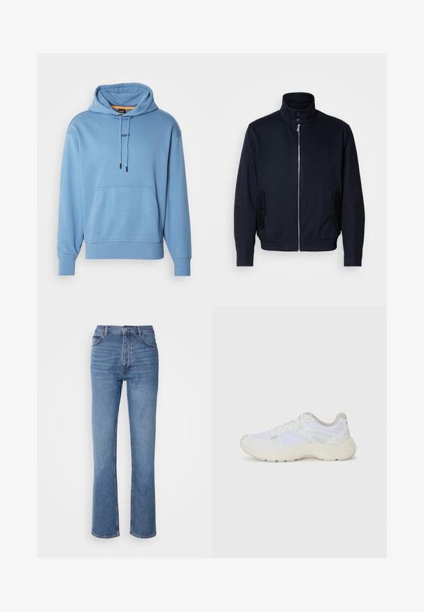 Chaqueta azul marino con un alto cuello, cierre frontal, bolsillos laterales y puños acanalados. Textura suave con un sutil detalle de logo en el pecho.; BOSS WESMALLHOOD - Sudadera - open blue; Jeans de mezclilla azul con cintura alta, diseño de pierna recta y un ligero desgaste. Presentan un estilo clásico de cinco bolsillos y un cierre de cremallera.; Zapatillas deportivas blancas hechas de malla y ante, con una entresuela texturizada, acentos texturizados y el logo "HUGO" en el lateral.