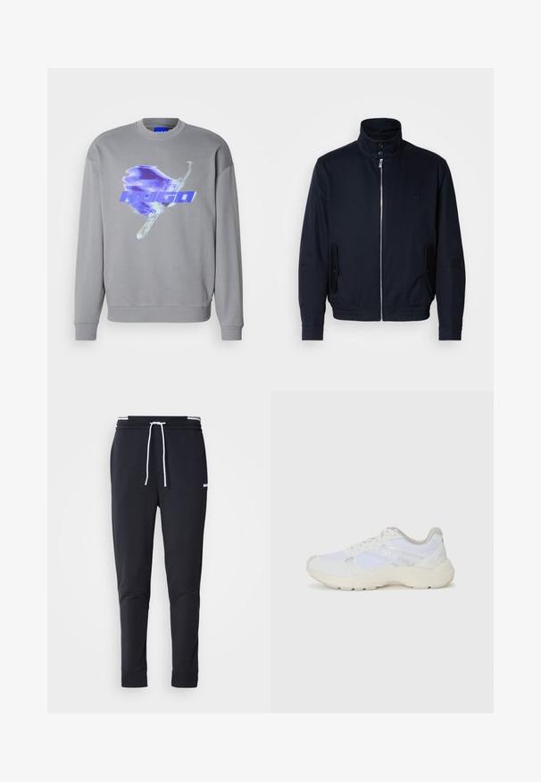 Ναυτικό μπλε μπουφάν με ψηλό γιακά, μπροστινό φερμουάρ, πλαϊνές τσέπες και ριμπ μανσέτες. Λείο ύφασμα με διακριτική λεπτομέρεια λογότυπου στο στήθος.; Γκρίζα φούτερ με λαιμόκοψη και μπλε γραφικό ενός πουλιού με τη λέξη "HUGO" εκτυπωμένη στο στήθος.; Μαύρο παντελόνι jogger slim-fit με λευκή κορδόνι, ελαστική μέση με λευκές ρίγες και μικρό λευκό λογότυπο στο πάνω μέρος του μηρού.; Λευκά αθλητικά παπούτσια από πλέγμα και σουέτ, με υφή στη σόλα, υφές σε διάφορα σημεία και λογότυπο "HUGO" στο πλάι.