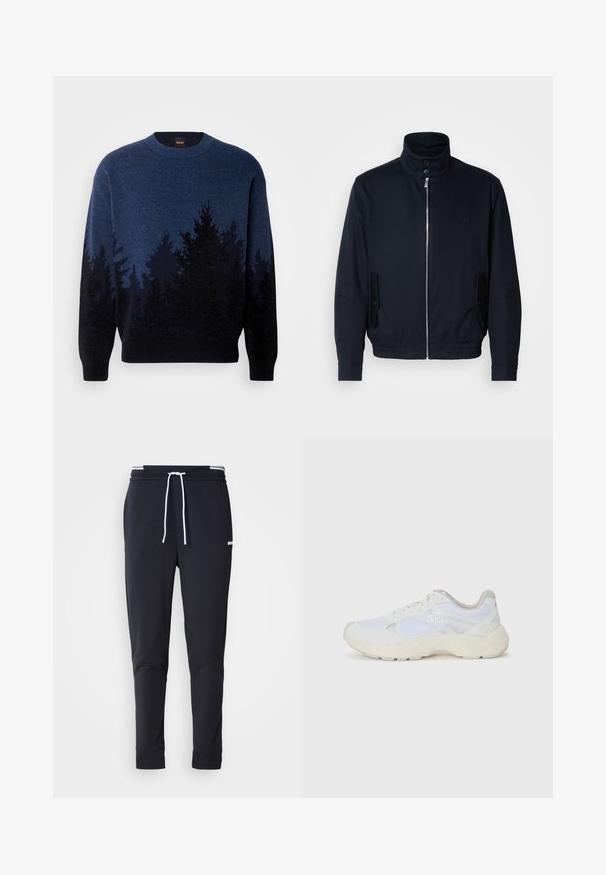 Marineblaue Jacke mit hohem Kragen, Vorderreißverschluss, seitlichen Taschen und gerippten Bündchen. Glatte Textur mit einem dezenten Logodetail auf der Brust.; BOSS KEVEREST - Strickpullover - open blue; Schwarze Slim-Fit-Jogginghose mit weißem Kordelzug, elastischem Bund mit weißen Streifen und kleinem weißen Logo am oberen Oberschenkel.; Weiße Sportschuhe aus Mesh und Wildleder, mit einer strukturierten Zwischensohle, strukturierten Akzenten und dem "HUGO"-Logo an der Seite.
