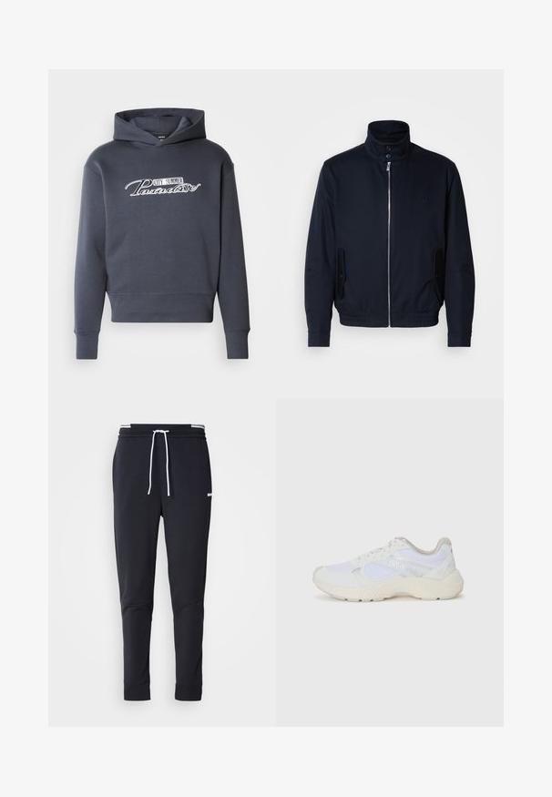 Navy blue jacket with a high collar, front zipper, side pockets, and ribbed cuffs. Smooth texture with a subtle logo detail on the chest.; Hooded sweatshirt in dark grey, featuring white script text "CITY SUMMER Paradise" on the front. Soft fabric, ribbed cuffs, and hem.; Black slim-fit jogger pants with white drawstring, elastic waistband with white stripes, and small white logo on the upper thigh.; White athletic shoes made of mesh and suede, featuring a textured midsole, textured accents, and "HUGO" logo on the side.