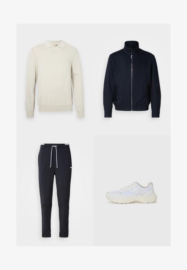 Námořnická modrá bunda s vysokým límcem, předním zipem, bočními kapsami a žebrovanými manžetami. Hladká textura s jemným logem na hrudi.; Krémová polo košele s dlhými rukávmi z jemnej pleteniny. Obsahuje klasický golier, dve gombíky a rebrované manžety a spodný lem. Diskrétny logo na hrudi.; Čierne slim-fit jogger nohavice s bielym šnurovaním, elastickým pásom s bielymi pruhmi a malým bielym logom na hornej stehne.; Biele atletické topánky vyrobené z materiálov sieťoviny a semišu, s textúrovanou strednou podošvou, textúrovanými akcentmi a logom "HUGO" na boku.
