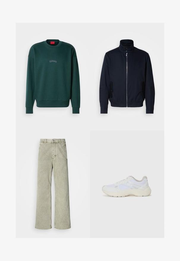 Tumesinine jope, millel on kõrge krae, ees tõmblukk, küljetaskud ja soonikkoes varrukad. Sile tekstuur koos õrnalt logo detailiga rinna piirkonnas.; Tumedast roheline sviiter, mis on valmistatud pehmest kangast, omab ümarat kaelust, soonikkantide särki ja väikest "Hugo" logo, mis on tikitud ette.; Heled roheline laiade jalgadega teksapüksid kõrge vöökohaga, valmistatud denimist, millel on nööbiga sulgus ja klassikaline viie-tasku disain.; Valged sportlikud jalanõud, mis on valmistatud võrkkangast ja seemisnahast, sisaldavad tekstureeritud vahetald, tekstureeritud aktsentide ning küljes oleva "HUGO" logo.