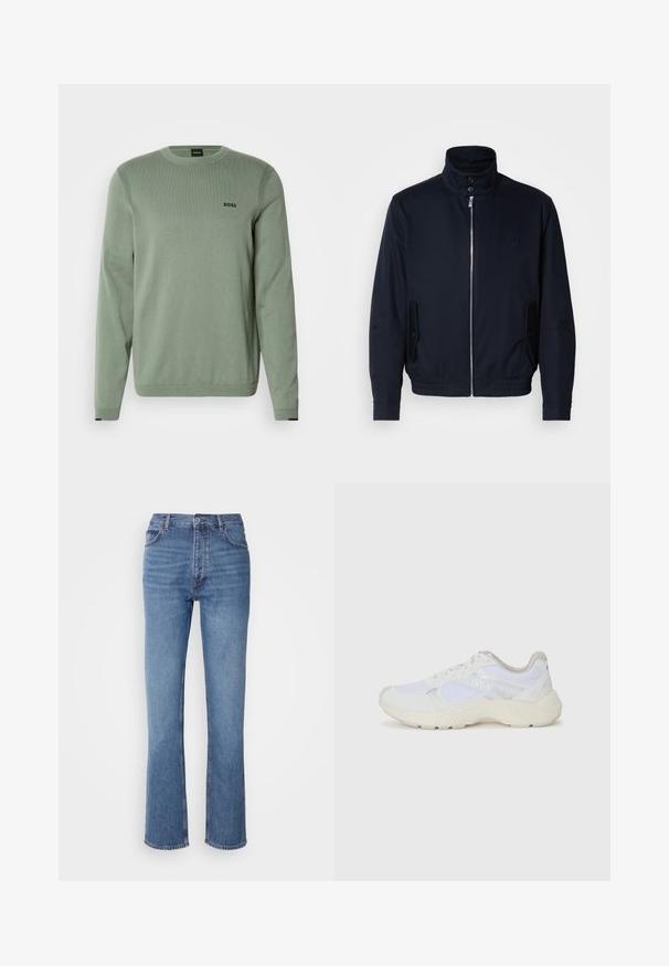 Casaco azul marinho com colarinho alto, fecho éclair frontal, bolsos laterais e punhos canelados. Textura suave com um detalhe logo discreto no peito.; Sweater de malha verde-claro com mangas longas, gola redonda, detalhes canelados e logótipo preto "BOSS" no peito. Textura suave.; Jeans de ganga azuis com cintura alta, design de perna reta e um desbotado subtil. Apresenta o clássico estilo de cinco bolsos e um fecho com fecho éclair.; Ténis brancos desportivos feitos de malha e camurça, com uma entressola texturizada, elementos texturizados e o logótipo "HUGO" na lateral.