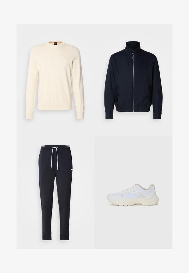 Tumesinine jope, millel on kõrge krae, ees tõmblukk, küljetaskud ja soonikkoes varrukad. Sile tekstuur koos õrnalt logo detailiga rinna piirkonnas.; Kreemivärvi kampsun ümar kaelus, pikad varrukad ja väikese ruudukujulise logoga rinnal. Valmistatud pehmest ja kvaliteetsest kangast.; Mustad must-fit spordipüksid valge paelaga, elastse vöökohtaga valgete triipudega ja väikese valge logoga ülemisel reiel.; Valged sportlikud jalanõud, mis on valmistatud võrkkangast ja seemisnahast, sisaldavad tekstureeritud vahetald, tekstureeritud aktsentide ning küljes oleva "HUGO" logo.