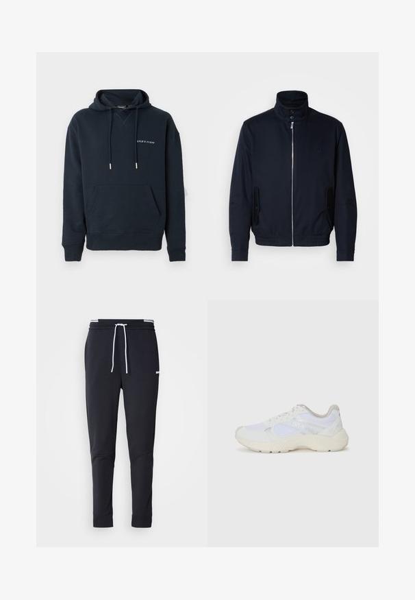 Chaqueta azul marino con un alto cuello, cierre frontal, bolsillos laterales y puños acanalados. Textura suave con un sutil detalle de logo en el pecho.; Sudadera con capucha azul marino de algodón, con un bolsillo tipo canguro y un logotipo blanco impreso en el pecho, y detalles en cordón plateado.; Pantalones jogger ajustados negros con cordón blanco, cinturilla elástica con rayas blancas y pequeño logotipo blanco en el muslo superior.; Zapatillas deportivas blancas hechas de malla y ante, con una entresuela texturizada, acentos texturizados y el logo "HUGO" en el lateral.