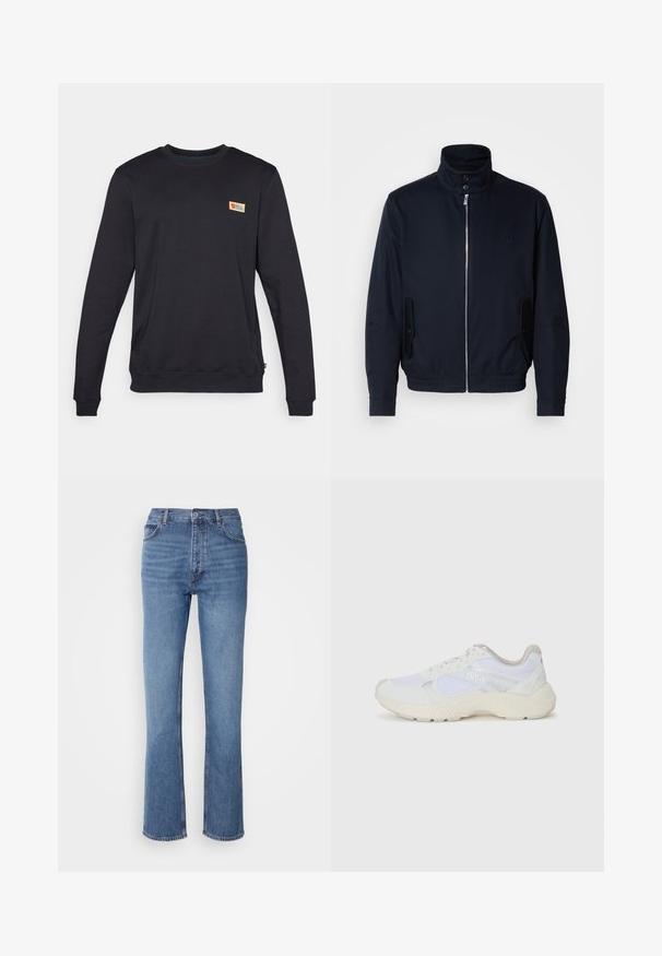 Námořnická modrá bunda s vysokým límcem, předním zipem, bočními kapsami a žebrovanými manžetami. Hladká textura s jemným logem na hrudi.; Čierna mikina s okrúhlym výstrihom a dlhými rukávmi, vyrobená z mäkkého materiálu. Obsahuje malé, farebné logo na hornej ľavej časti hrude.; Modré denimové džínsy s vysokým pásom, rovnými nohavicami a jemným vyblednutím. Majú klasický strih s piatimi vreckami a zapínanie na zips.; Biele atletické topánky vyrobené z materiálov sieťoviny a semišu, s textúrovanou strednou podošvou, textúrovanými akcentmi a logom "HUGO" na boku.