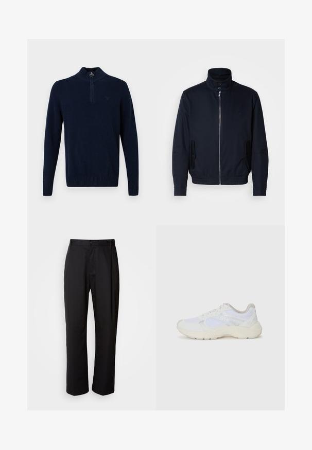 Marineblauwe jas met hoge kraag, voorsluiting met rits, zijzakken en ribgebreide manchetten. Gladde textuur met een subtiele logo-detail op de borst.; Donkerblauwe lange mouw gebreide trui met geribbelde kraag, mouwen en zoom, voorzien van een korte ritssluiting aan de voorkant met een ronde pull tab.; Zwarte broek met een rechte snit, gemaakt van lichtgewicht stof. Heeft een frontale knoopsluiting en twee zijzakken; gladde textuur.; Witte sportief schoenen van mesh en suede, met een gestructureerde tussenzool, gestructureerde accenten en het "HUGO" logo aan de zijkant.