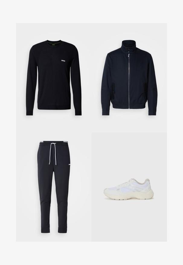 Mornarsko moder plašč z visokim ovratnikom, sprednjim zadrge, stranskimi žepi in rebrastimi manšetami. Gladka tekstura s subtilno detajlom logotipa na prsih.; Črn pulover z dolgimi rokavi iz mehkega pletenega materiala, z okroglim izrezom in belim logotipom "BOSS" na prsih.; Črne slim-fit jogger hlače z belo vrvico, elastičnim pasom z belimi črtami in majhnim belim logotipom na zgornjem stegnu.; Bela športna obuvala iz mrežastega in semiš materiala, z teksturiranim podplatom, teksturiranimi dodatki in logotipom "HUGO" na strani.