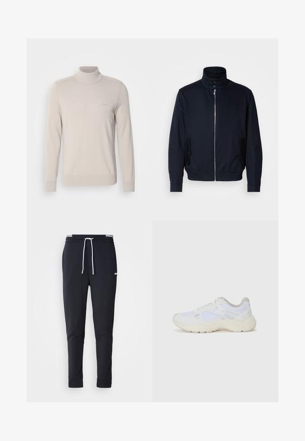 Granatowa kurtka z wysokim kołnierzem, przednim zamkiem, bocznymi kieszeniami i ściągaczami na mankietach. Gładka tekstura z subtelnym logo na klatce piersiowej.; Jasny beżowy sweter z golfem wykonany z miękkiego materiału. Posiada ściągacze przy mankietach i na dole, z dyskretnym logo na klatce piersiowej. Klasyczny fason.; Czarne, dopasowane spodnie dresowe z białym sznurkiem zaciskowym, elastycznym pasem w białe paski oraz małym białym logo na górnej części uda.; Białe sportowe buty wykonane z siateczki i zamszu, z teksturowaną podeszwą środkową, teksturowanymi akcentami i logo "HUGO" z boku.