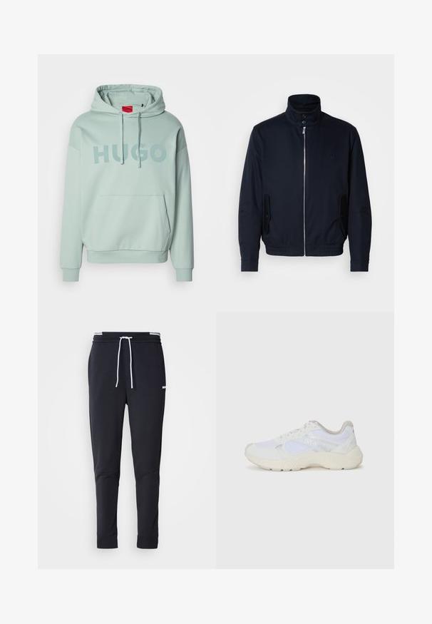 Tamsiai mėlyna striukė su aukšta apykakle, priekine užtrauktuku, šoninėmis kišenėmis ir gipiūriniais rankogaliais. Lygus paviršius su subtiliu logotipu ant krūtinės.; Šviesiai žalia traukianti megztinis su kišene priekyje, raišteliu reguliuojama kapišonu ir didelėmis raidėmis "HUGO" atspausdintas ant krūtinės.; Juodi liekni džinsai su balta raišteliu, elastinga juosmens juosta su baltais raštais ir maža balta logotipu viršutiniame šlaunies taške.; Balti sportiniai bateliai, pagaminti iš tinklinės medžiagos ir zomšos, su tekstūruotu viduriu, tekstūruotais akcentais ir „HUGO“ logotipu šone.