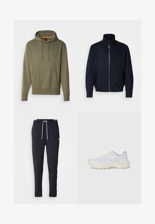 Giacca blu navy con colletto alto, zip frontale, tasche laterali e polsini a coste. Texture liscia con un sottile dettaglio del logo sul petto.; Felpa verde oliva con un grande logo "BOSS" in una tonalità leggermente più scura. Presenta una tasca a marsupio frontale e cappuccio regolabile con cordino.; Pantaloni jogger slim-fit neri con cordoncino bianco, vita elastica con strisce bianche e piccolo logo bianco sulla coscia superiore.; Scarpe da ginnastica bianche in mesh e suede, con una suola intermedia testurizzata, dettagli testurizzati e il logo "HUGO" sul lato.