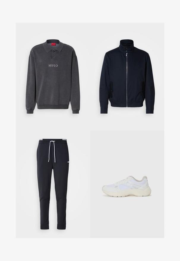 Jachetă bleumarin cu guler înalt, fermoar frontal, buzunare laterale și mansete cu nervuri. Textură netedă cu un detaliu subtil al logo-ului pe piept.; Polo shirt cu mânecă lungă, de culoare gri închis, având un guler clasic, manșete ribbed și logo-ul brodat "HUGO" în față. Fabricat dintr-un amestec de bumbac moale.; Pantaloni jogger slim-fit negri cu șnur alb, talie elastică cu dungi albe și un mic logo alb pe coapsa superioară.; Adidași albi, din plasă și piele întoarsă, cu o talpă intermediară texturată, accente texturate și logo-ul "HUGO" pe lateral.