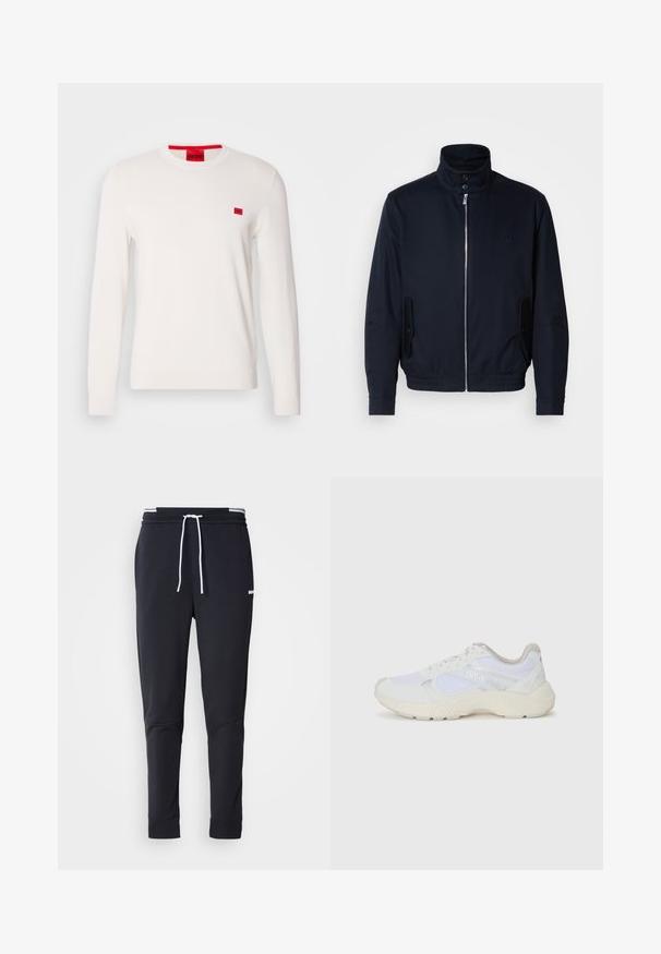Marineblauwe jas met hoge kraag, voorsluiting met rits, zijzakken en ribgebreide manchetten. Gladde textuur met een subtiele logo-detail op de borst.; Witte crewneck sweater met lange mouwen, gemaakt van zachte stof. Beschikt over een klein rood logo-label op de borst en een contrasterend rood label aan de halslijn.; Zwarte slim-fit joggerbroek met witte trekkoord, elastische tailleband met witte strepen en klein wit logo op het bovenbeen.; Witte sportief schoenen van mesh en suede, met een gestructureerde tussenzool, gestructureerde accenten en het "HUGO" logo aan de zijkant.