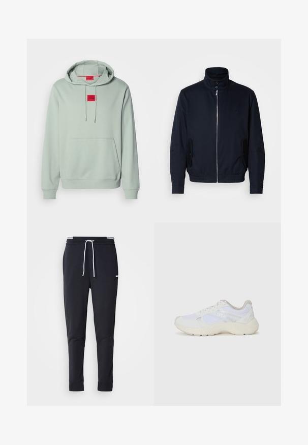 Casaco azul marinho com colarinho alto, fecho éclair frontal, bolsos laterais e punhos canelados. Textura suave com um detalhe logo discreto no peito.; Sweatshirt verde claro com capuz, com um bolso canguru frontal e emblemas vermelhos "HUGO" no peito e no interior do colarinho.; Calças de jogger ajustadas pretas com cordão branco, cintura elástica com riscas brancas e pequeno logo branco na parte superior da coxa.; Ténis brancos desportivos feitos de malha e camurça, com uma entressola texturizada, elementos texturizados e o logótipo "HUGO" na lateral.