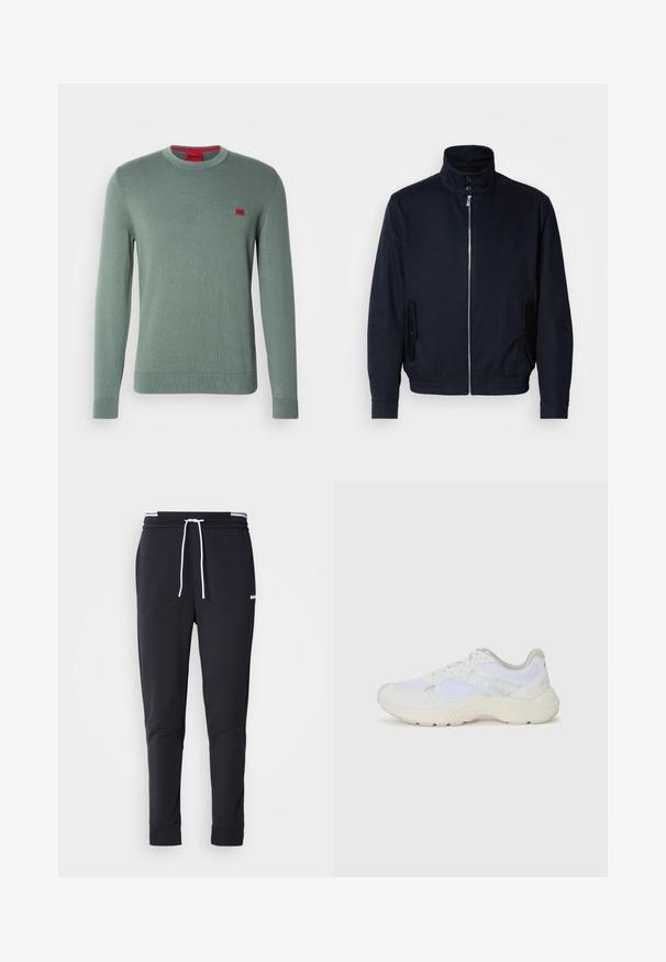 Veste bleu marine avec un col haut, fermeture éclair à l'avant, poches latérales et poignets côtelés. Texture lisse avec un détail logo subtil sur la poitrine.; Pull en tricot vert à manches longues, col rond et poignets côtelés. Présente un petit logo rouge sur la poitrine. Texture lisse, design minimal.; Pantalons de jogging slim-fit noirs avec cordon blanc, taille élastique avec rayures blanches et petit logo blanc sur la cuisse supérieure.; Baskets de sport blanches en mesh et en daim, avec une semelle intermédiaire texturée, des accents texturés et le logo "HUGO" sur le côté.
