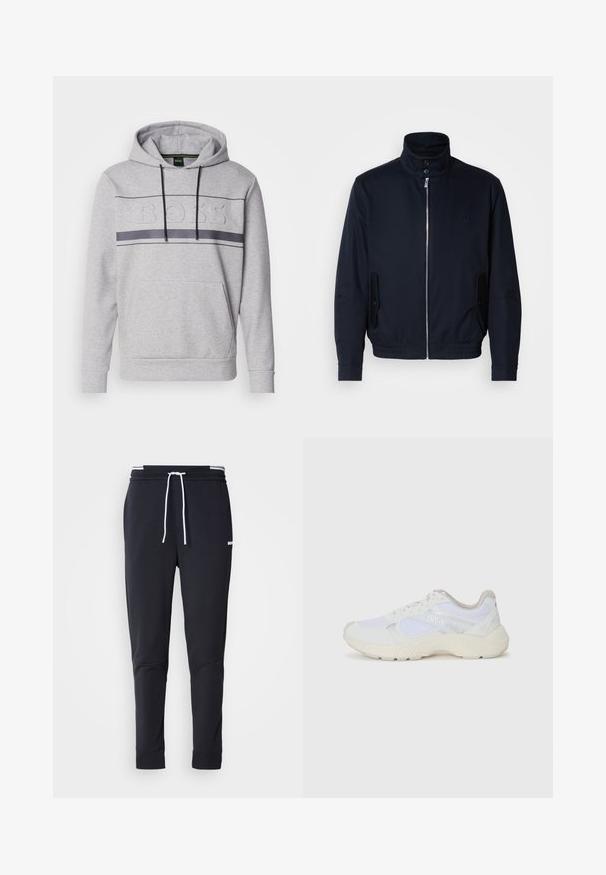 Mornarsko moder plašč z visokim ovratnikom, sprednjim zadrge, stranskimi žepi in rebrastimi manšetami. Gladka tekstura s subtilno detajlom logotipa na prsih.; Siva kapuca s kengura žepom, rebrastim rukavima i utisnutim logotipom na prsima; sadrži crne vezice i detalj horizontalnih pruga.; Črne slim-fit jogger hlače z belo vrvico, elastičnim pasom z belimi črtami in majhnim belim logotipom na zgornjem stegnu.; Bela športna obuvala iz mrežastega in semiš materiala, z teksturiranim podplatom, teksturiranimi dodatki in logotipom "HUGO" na strani.