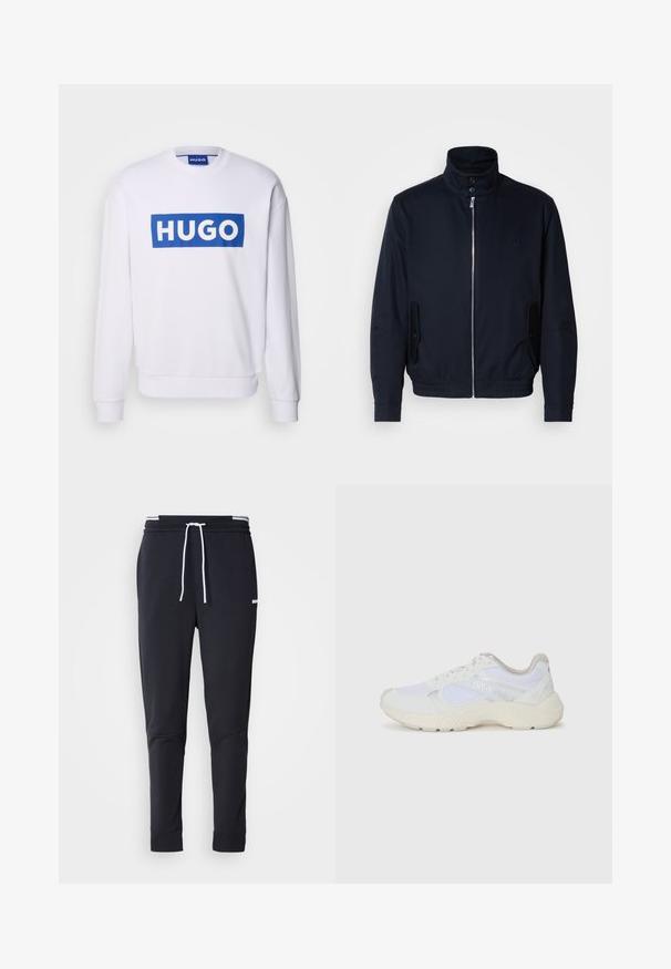 Tengerészkék dzseki magas gallérral, elülső cipzárral, oldalsó zsebekkel és bordázott mandzsettákkal. Sima felület, amelyen diszkrét logórészlet található a mellrészen.; Fehér pulóver hosszú ujjal, nagy kék téglalap alakú logóval, amelyen a mellkasán fehér nagybetűkkel az "HUGO" felirat szerepel.; Fekete, slim-fit rakott nadrág fehér zsinórral, elasztikus derékpánttal, fehér csíkokkal, és kisebb fehér logóval a comb felső részén.; Fehér sportcipők, amelyek hálós és velúr anyagból készültek, texturált középtalppal, texturált részletekkel és a "HUGO" logóval az oldalon.