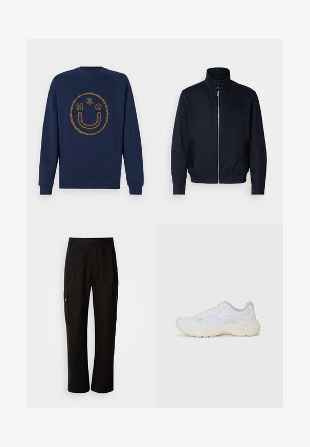 Giacca blu navy con colletto alto, zip frontale, tasche laterali e polsini a coste. Texture liscia con un sottile dettaglio del logo sul petto.; Felpa blu navy con un design di filo spinato che forma un volto sorridente e le lettere H, G e O all'interno del cerchio sul petto.; Pantaloni cargo neri in cotone con vestibilità comoda, dotati di tasche laterali, chiusura a bottone e gambe dritti. Design semplice senza motivi.; Scarpe da ginnastica bianche in mesh e suede, con una suola intermedia testurizzata, dettagli testurizzati e il logo "HUGO" sul lato.