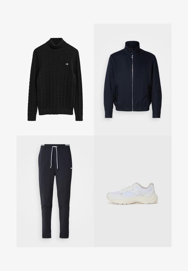 Marinblå jacka med hög krage, frontdragkedja, sidofickor och ribbade ärmar. Slät textur med en diskret logodetalj på bröstet.; Svart kabelstickad tunntröja med ribbad mudd och nederkant. Har ett texturerat mönster och en liten logotyp på bröstet.; Svarta slim-fit joggerbyxor med vit dragsko, elastisk midja med vita ränder och en liten vit logotyp på övre låret.; Vitaidrottsskor i mesh och mocka med en strukturerad mellansula, texturerade accenter och "HUGO"-logotypen på sidan.