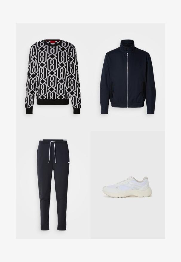 Jūras zils žakets ar augstu apkakli, priekšējo rāvējslēdzi, sānu kabatām un ribotajiem piedurknēm. Gluda tekstūra ar nelielu logotipa detaļu uz krūšu.; Melna džemperis ar ģeometrisku balto rakstu, arapa kakla izgriezums, garas piedurknes, kā arī riboti aproces un apakša. Izgatavots no adītas materiāla.; Melnas pieguļošas jogger bikses ar baltu auklu, elastīgu jostasvietu ar baltām svītrām un mazu baltu logotipu augšstilbā.; Baltas sporta apavi, kas izgatavoti no sieta un zamšāda, ar teksturētu starpzoli, teksturētām akcentēm un "HUGO" logo sānos.