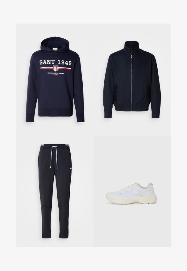 Jachetă bleumarin cu guler înalt, fermoar frontal, buzunare laterale și mansete cu nervuri. Textură netedă cu un detaliu subtil al logo-ului pe piept.; Hanorac bleumarin cu un grafic frontal care prezintă "GANT 1949" și un logo cu scut. Fabricat din material moale, are mâneci lungi și glugă cu șnur.; Pantaloni jogger slim-fit negri cu șnur alb, talie elastică cu dungi albe și un mic logo alb pe coapsa superioară.; Adidași albi, din plasă și piele întoarsă, cu o talpă intermediară texturată, accente texturate și logo-ul "HUGO" pe lateral.