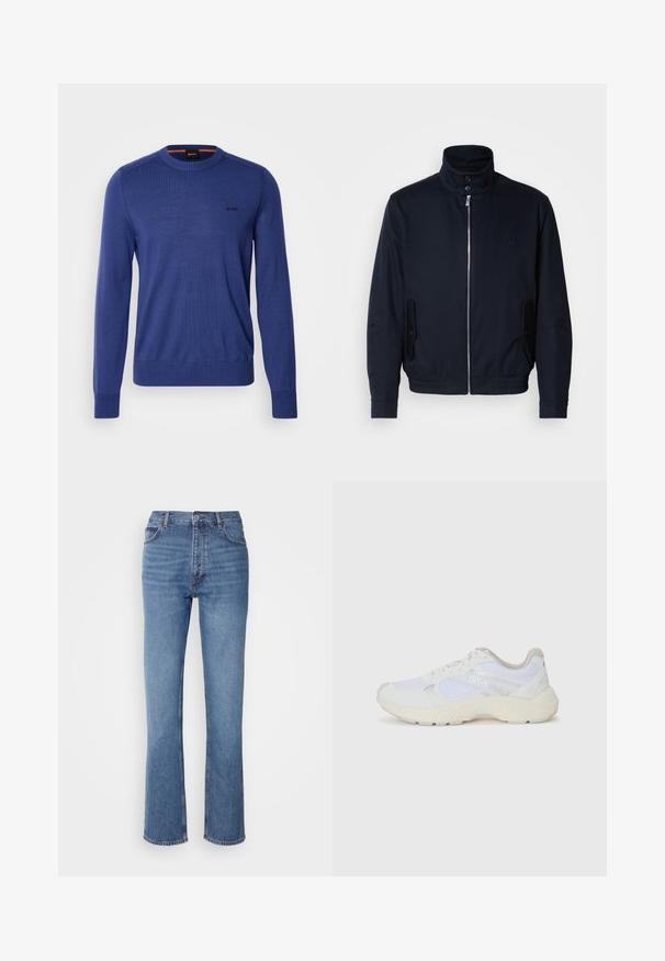 Marineblaue Jacke mit hohem Kragen, Vorderreißverschluss, seitlichen Taschen und gerippten Bündchen. Glatte Textur mit einem dezenten Logodetail auf der Brust.; BOSS AVAC - Strickpullover - open blue; Blaue Denim-Jeans mit hoher Taille, geradem Bein und dezenter Ausbleichung. Verfügt über einen klassischen Fünf-Taschen-Stil und einen Reißverschluss.; Weiße Sportschuhe aus Mesh und Wildleder, mit einer strukturierten Zwischensohle, strukturierten Akzenten und dem "HUGO"-Logo an der Seite.