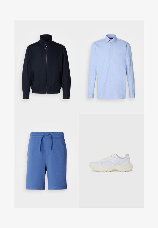 Navy blue jacket with a high collar, front zipper, side pockets, and ribbed cuffs. Smooth texture with a subtle logo detail on the chest.; Light blue long-sleeve dress shirt made of cotton, featuring a classic collar and button-down front with white buttons. Smooth texture.; Blue cotton shorts with an elastic waistband, drawstring, and side pocket. Smooth texture, knee-length design, minimal branding detail.; White athletic shoes made of mesh and suede, featuring a textured midsole, textured accents, and "HUGO" logo on the side.