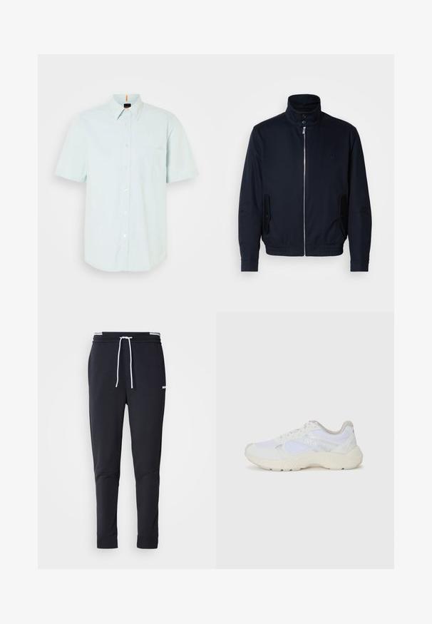 Marineblaue Jacke mit hohem Kragen, Vorderreißverschluss, seitlichen Taschen und gerippten Bündchen. Glatte Textur mit einem dezenten Logodetail auf der Brust.; Hellblaues, Kurzarm-Hemd mit Knopfleiste, ausgestattet mit einem Kragen, einer linken Brusttasche und einem glatten Stoffgefühl. Einfaches Design, dezenter Glanz.; Schwarze Slim-Fit-Jogginghose mit weißem Kordelzug, elastischem Bund mit weißen Streifen und kleinem weißen Logo am oberen Oberschenkel.; Weiße Sportschuhe aus Mesh und Wildleder, mit einer strukturierten Zwischensohle, strukturierten Akzenten und dem "HUGO"-Logo an der Seite.