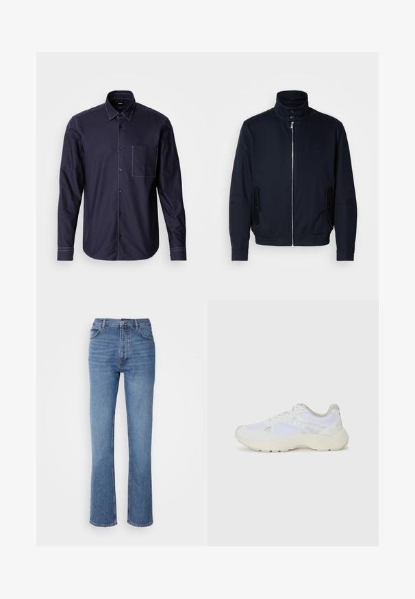 Mornarsko moder plašč z visokim ovratnikom, sprednjim zadrge, stranskimi žepi in rebrastimi manšetami. Gladka tekstura s subtilno detajlom logotipa na prsih.; Mornarska srajca z gumbki iz mešanice bombaža, ki ima belo kontrastno šivanje, žep na prsih in klasičen ovratnik.; Modre kavbojke z visokim pasom, ravno krojenjem in rahlim bledenjem. Imajo klasičen pet-pocket stil in zapiranje na zadrgo.; Bela športna obuvala iz mrežastega in semiš materiala, z teksturiranim podplatom, teksturiranimi dodatki in logotipom "HUGO" na strani.