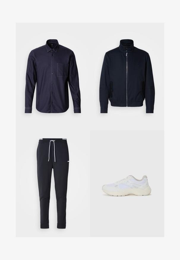 Giacca blu navy con colletto alto, zip frontale, tasche laterali e polsini a coste. Texture liscia con un sottile dettaglio del logo sul petto.; Camicia blu in cotone misto con bottoni, caratterizzata da cuciture bianche a contrasto, taschino sul petto e un design con colletto classico.; Pantaloni jogger slim-fit neri con cordoncino bianco, vita elastica con strisce bianche e piccolo logo bianco sulla coscia superiore.; Scarpe da ginnastica bianche in mesh e suede, con una suola intermedia testurizzata, dettagli testurizzati e il logo "HUGO" sul lato.