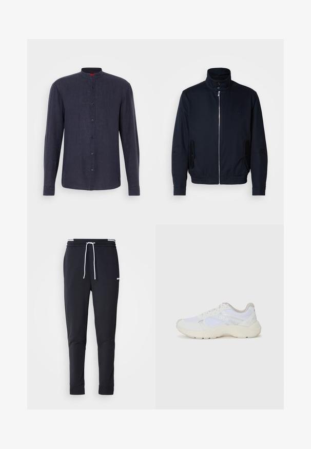 Jachetă bleumarin cu guler înalt, fermoar frontal, buzunare laterale și mansete cu nervuri. Textură netedă cu un detaliu subtil al logo-ului pe piept.; Cămașă cu mâneci lungi din material bleumarin închis, cu guler în bandă, închidere cu nasturi în față și o textură subtilă. Nasturii sunt de culoare închisă și distribuiți uniform.; Pantaloni jogger slim-fit negri cu șnur alb, talie elastică cu dungi albe și un mic logo alb pe coapsa superioară.; Adidași albi, din plasă și piele întoarsă, cu o talpă intermediară texturată, accente texturate și logo-ul "HUGO" pe lateral.