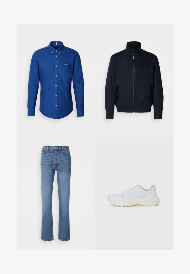 Tumesinine jope, millel on kõrge krae, ees tõmblukk, küljetaskud ja soonikkoes varrukad. Sile tekstuur koos õrnalt logo detailiga rinna piirkonnas.; BOSS ROAN - Pluus - open blue; Sinised denim teksad kõrge vöökoha, sirge jala disaini ja kerge pleekimisega. Omavad klassikalist viit taskut ja tõmbluku sulgemist.; Valged sportlikud jalanõud, mis on valmistatud võrkkangast ja seemisnahast, sisaldavad tekstureeritud vahetald, tekstureeritud aktsentide ning küljes oleva "HUGO" logo.