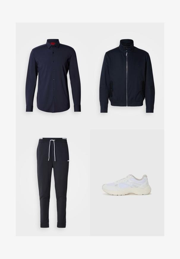 Giacca blu navy con colletto alto, zip frontale, tasche laterali e polsini a coste. Texture liscia con un sottile dettaglio del logo sul petto.; Camicia blu scuro a maniche lunghe con bottone, realizzata in tessuto morbido, caratterizzata da un colletto allargato, bottoni neri e polsini con una vestibilità snella.; Pantaloni jogger slim-fit neri con cordoncino bianco, vita elastica con strisce bianche e piccolo logo bianco sulla coscia superiore.; Scarpe da ginnastica bianche in mesh e suede, con una suola intermedia testurizzata, dettagli testurizzati e il logo "HUGO" sul lato.