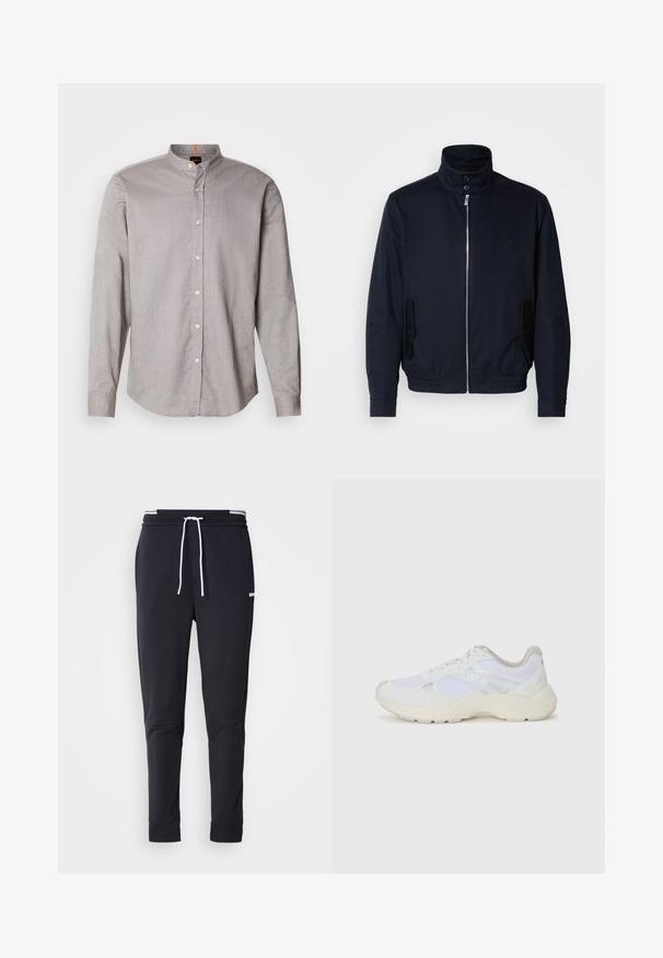 Giacca blu navy con colletto alto, zip frontale, tasche laterali e polsini a coste. Texture liscia con un sottile dettaglio del logo sul petto.; Camicetta a maniche lunghe grigio chiaro con colletto alto, chiusura a bottoni sul fronte e texture liscia. Presenta bottoni bianchi e orlo curvo.; Pantaloni jogger slim-fit neri con cordoncino bianco, vita elastica con strisce bianche e piccolo logo bianco sulla coscia superiore.; Scarpe da ginnastica bianche in mesh e suede, con una suola intermedia testurizzata, dettagli testurizzati e il logo "HUGO" sul lato.