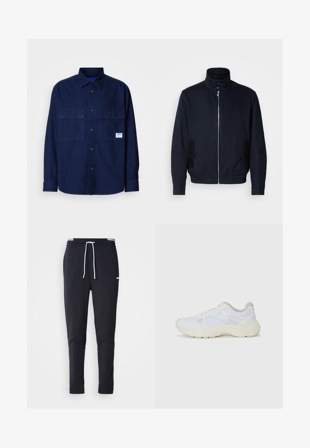 Tamsiai mėlyna striukė su aukšta apykakle, priekine užtrauktuku, šoninėmis kišenėmis ir gipiūriniais rankogaliais. Lygus paviršius su subtiliu logotipu ant krūtinės.; Tamsiai mėlynas ilgarankovis marškiniai su dviem krūtinės kišenėmis ir maža balta etikete dešinėje kišenėje.; Juodi liekni džinsai su balta raišteliu, elastinga juosmens juosta su baltais raštais ir maža balta logotipu viršutiniame šlaunies taške.; Balti sportiniai bateliai, pagaminti iš tinklinės medžiagos ir zomšos, su tekstūruotu viduriu, tekstūruotais akcentais ir „HUGO“ logotipu šone.