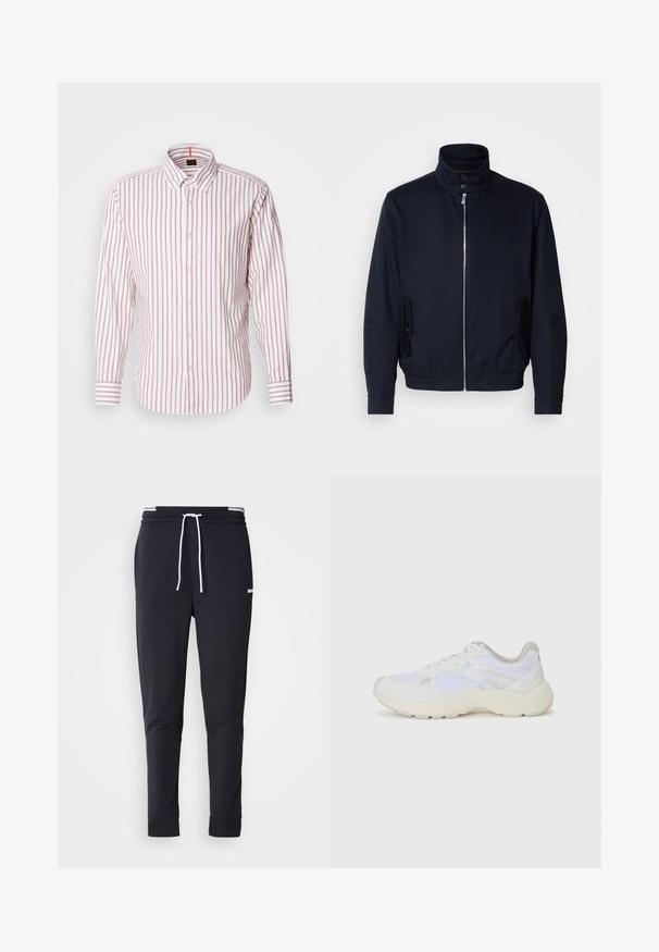 Marineblauwe jas met hoge kraag, voorsluiting met rits, zijzakken en ribgebreide manchetten. Gladde textuur met een subtiele logo-detail op de borst.; Gestreepte overhemd in wit en lichtroze. Heeft een kraag, lange mouwen en een klein logo op de borst. Van katoen.; Zwarte slim-fit joggerbroek met witte trekkoord, elastische tailleband met witte strepen en klein wit logo op het bovenbeen.; Witte sportief schoenen van mesh en suede, met een gestructureerde tussenzool, gestructureerde accenten en het "HUGO" logo aan de zijkant.