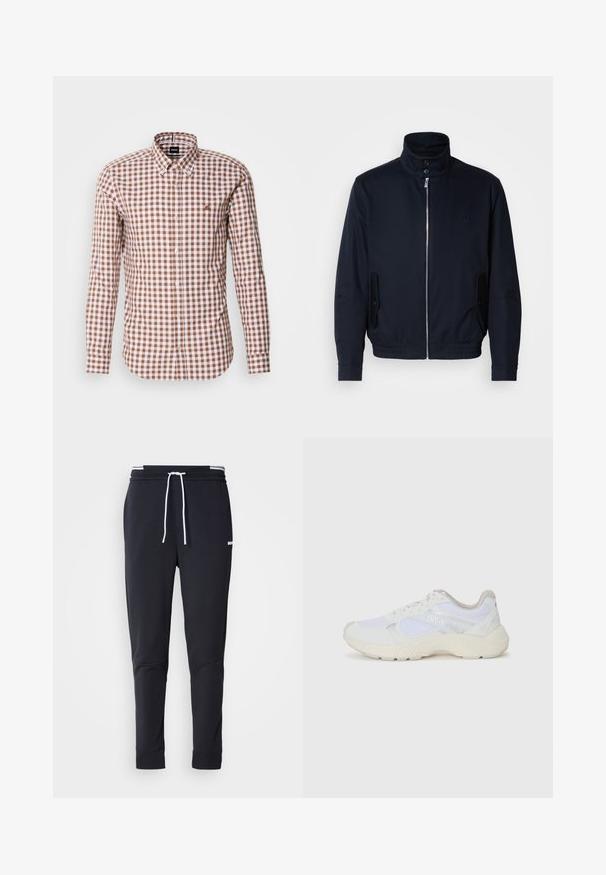 Jūras zils žakets ar augstu apkakli, priekšējo rāvējslēdzi, sānu kabatām un ribotajiem piedurknēm. Gluda tekstūra ar nelielu logotipa detaļu uz krūšu.; Brūnā un baltā pārbaude garām piedurknēm krekls ar pogu uz leju apkakli un izšūtu logo uz krūts. Kokvilnas auduma tekstūra.; Melnas pieguļošas jogger bikses ar baltu auklu, elastīgu jostasvietu ar baltām svītrām un mazu baltu logotipu augšstilbā.; Baltas sporta apavi, kas izgatavoti no sieta un zamšāda, ar teksturētu starpzoli, teksturētām akcentēm un "HUGO" logo sānos.