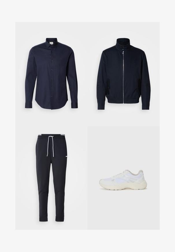 Marineblå jakke med høy krage, glidelås foran, sidelommer og ribbestrikkede mansjetter. Glatt tekstur med en subtil logo detaljer på brystet.; Mørkeblå skjorte med knapper laget av bomull. Har lange ermer, spiss krage og stolpe med matchende knapper. Glatt tekstur.; Sorte slim-fit joggebukser med hvit snor, elastisk midjebånd med hvite striper, og en liten hvit logo på overlåret.; Hvit idrettssko laget av mesh og skinn, med en teksturert mellomsåle, teksturerte detaljer og "HUGO"-logo på siden.