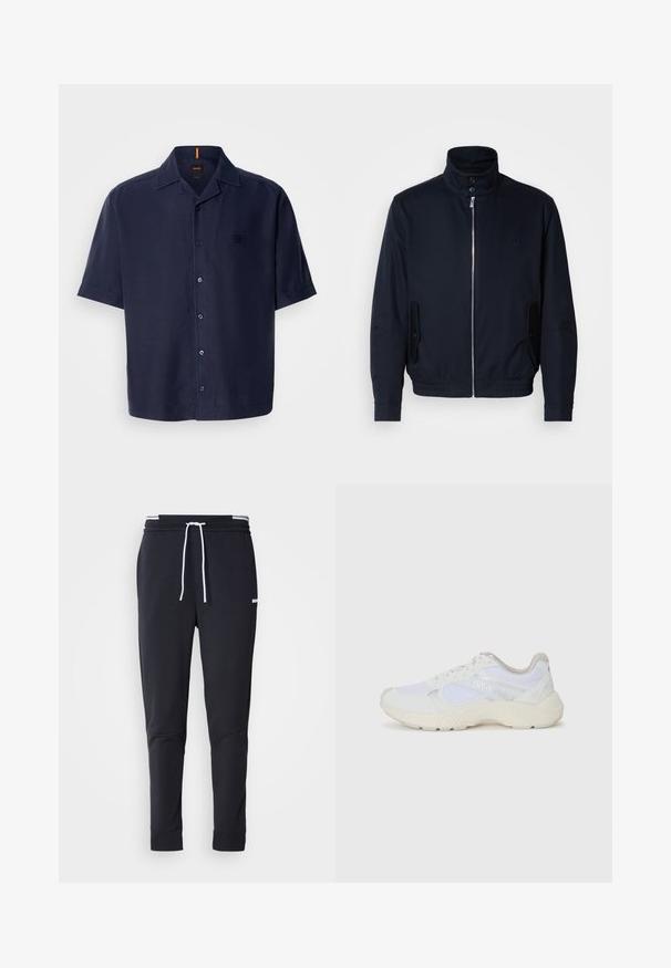 Casaco azul marinho com colarinho alto, fecho éclair frontal, bolsos laterais e punhos canelados. Textura suave com um detalhe logo discreto no peito.; Camisa de manga curta em tecido azul marinho escuro com um acabamento texturizado, apresentando um fecho de botões na frente, um colarinho clássico e um pequeno logótipo aplicado.; Calças de jogger ajustadas pretas com cordão branco, cintura elástica com riscas brancas e pequeno logo branco na parte superior da coxa.; Ténis brancos desportivos feitos de malha e camurça, com uma entressola texturizada, elementos texturizados e o logótipo "HUGO" na lateral.