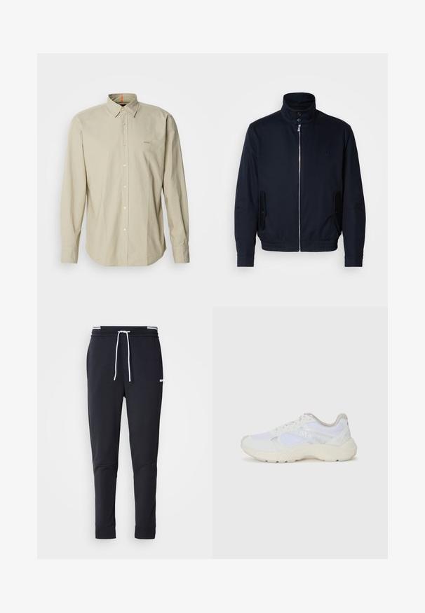 Marinblå jacka med hög krage, frontdragkedja, sidofickor och ribbade ärmar. Slät textur med en diskret logodetalj på bröstet.; Beige långärmad skjorta med knappar och en strukturerad krage, med en ficka på bröstet och subtil loggobrodering. Slät, lätt vikt tyg.; Svarta slim-fit joggerbyxor med vit dragsko, elastisk midja med vita ränder och en liten vit logotyp på övre låret.; Vitaidrottsskor i mesh och mocka med en strukturerad mellansula, texturerade accenter och "HUGO"-logotypen på sidan.