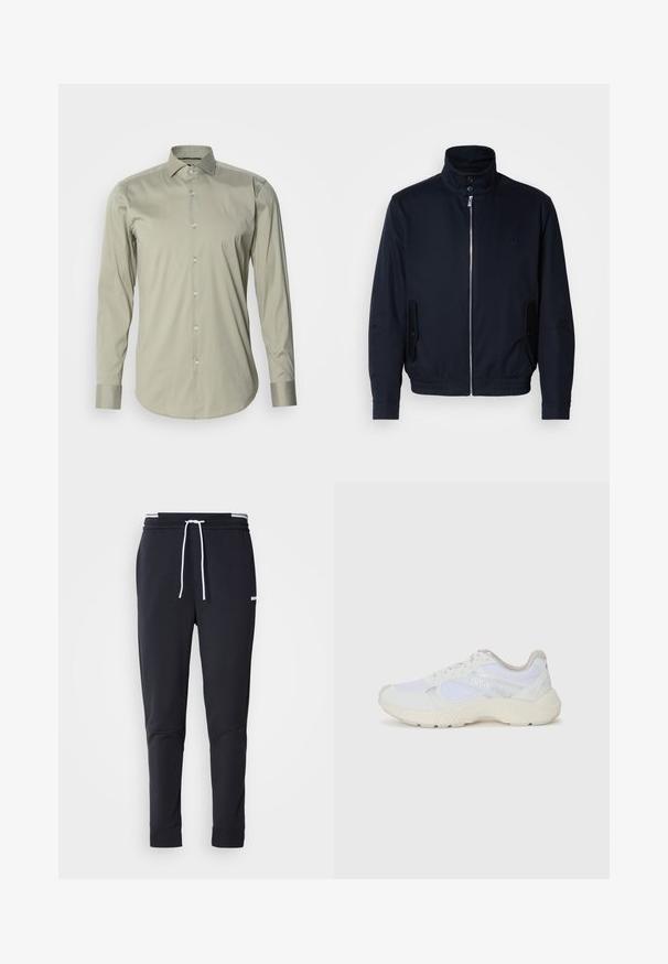 Mornarsko moder plašč z visokim ovratnikom, sprednjim zadrge, stranskimi žepi in rebrastimi manšetami. Gladka tekstura s subtilno detajlom logotipa na prsih.; Srajca z dolgimi rokavi v svetlem olivnem odtenku, izdelana iz gladkega materiala. Ima stoječ ovratnik, sprednje zapnilo na gumbe in manšete z detajli na gumbih.; Črne slim-fit jogger hlače z belo vrvico, elastičnim pasom z belimi črtami in majhnim belim logotipom na zgornjem stegnu.; Bela športna obuvala iz mrežastega in semiš materiala, z teksturiranim podplatom, teksturiranimi dodatki in logotipom "HUGO" na strani.
