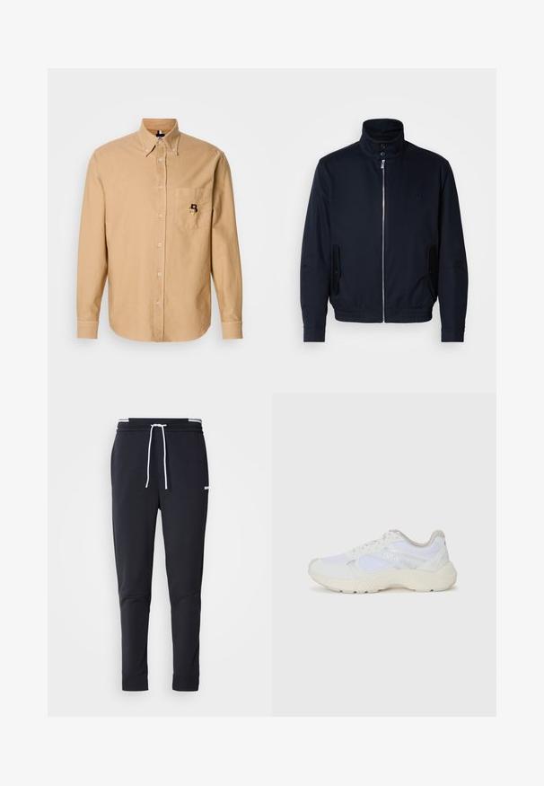 Laivansinis takki, jossa on korkea kaulus, edessä vetoketju, sivutaskut ja ribattu hihansuu. Sileä pinta, jossa on hienovarainen logo-ominaisuus rinnassa.; Beige pitkähihaine paita, jossa on nappilista, napitettava kaulus ja etutasku, jossa on pieni brodeerattu "B"-logo.; Mustat slim-fit collegehousut, joissa on valkoinen naru, joustava vyötärö valkoisilla raidoilla ja pieni valkoinen logo reiden yläosassa.; Valkoiset urheilukengät, jotka on valmistettu verkkokankaasta ja mokasta, sisältävät tekstuurillisen välipohjan, teksturoituja yksityiskohtia ja "HUGO"-logon sivussa.