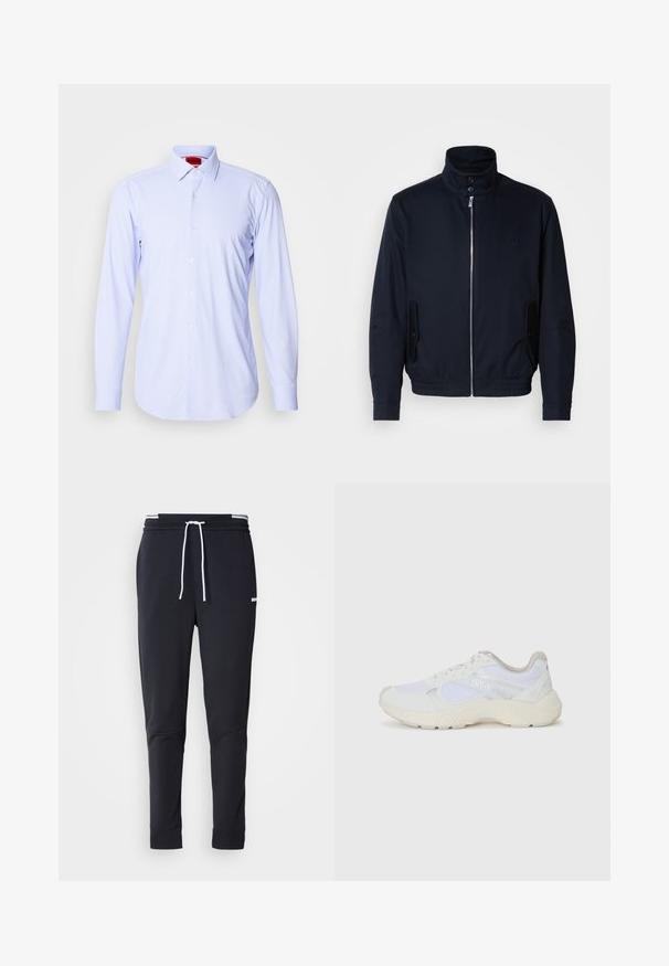 Casaco azul marinho com colarinho alto, fecho éclair frontal, bolsos laterais e punhos canelados. Textura suave com um detalhe logo discreto no peito.; Camisa abotoada de padrão azul claro, com mangas longas e colarinho clássico. Apresenta pequenos quadrados e botões brancos. Textura do tecido suave.; Calças de jogger ajustadas pretas com cordão branco, cintura elástica com riscas brancas e pequeno logo branco na parte superior da coxa.; Ténis brancos desportivos feitos de malha e camurça, com uma entressola texturizada, elementos texturizados e o logótipo "HUGO" na lateral.