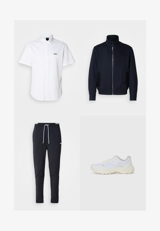 Tamsiai mėlyna striukė su aukšta apykakle, priekine užtrauktuku, šoninėmis kišenėmis ir gipiūriniais rankogaliais. Lygus paviršius su subtiliu logotipu ant krūtinės.; Baltas trumpų rankovių marškiniai iš medvilnės, su mygtukų apykakle ir juodu "BOSS" logotipu kairiajame krūtinės pusėje. Lygi tekstūra.; Juodi liekni džinsai su balta raišteliu, elastinga juosmens juosta su baltais raštais ir maža balta logotipu viršutiniame šlaunies taške.; Balti sportiniai bateliai, pagaminti iš tinklinės medžiagos ir zomšos, su tekstūruotu viduriu, tekstūruotais akcentais ir „HUGO“ logotipu šone.