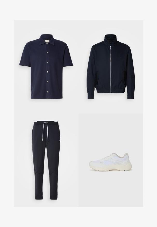 Granatowa kurtka z wysokim kołnierzem, przednim zamkiem, bocznymi kieszeniami i ściągaczami na mankietach. Gładka tekstura z subtelnym logo na klatce piersiowej.; Granatowa koszulka polo z krótkim rękawem z klasycznym kołnierzykiem, z zapięciem na guziki i małym, haftowanym logotypem na piersi.; Czarne, dopasowane spodnie dresowe z białym sznurkiem zaciskowym, elastycznym pasem w białe paski oraz małym białym logo na górnej części uda.; Białe sportowe buty wykonane z siateczki i zamszu, z teksturowaną podeszwą środkową, teksturowanymi akcentami i logo "HUGO" z boku.