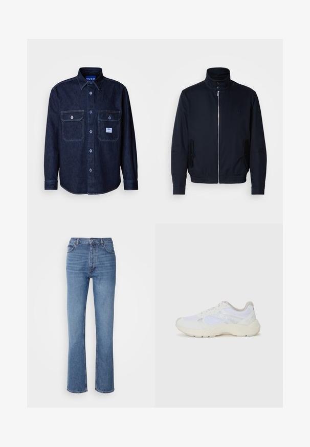 Marineblauwe jas met hoge kraag, voorsluiting met rits, zijzakken en ribgebreide manchetten. Gladde textuur met een subtiele logo-detail op de borst.; Donker denim overhemd met knopen, lange mouwen, twee borstzakken en een blauw merklabel. Heeft contrasterende stiknaden en een klassiek kraagontwerp.; Blauwe denim jeans met een hoge taille, een recht pasvorm en subtiele vervaging. Kenmerkt zich door de klassieke vijf-pocketstijl en een ritssluiting.; Witte sportief schoenen van mesh en suede, met een gestructureerde tussenzool, gestructureerde accenten en het "HUGO" logo aan de zijkant.
