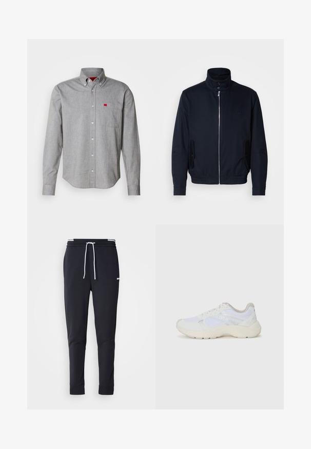 Tengerészkék dzseki magas gallérral, elülső cipzárral, oldalsó zsebekkel és bordázott mandzsettákkal. Sima felület, amelyen diszkrét logórészlet található a mellrészen.; Szürke gombos ing pamut anyagból, mellzsebével és egy kis piros logóval. Puha tapintás, strukturált gallér és hosszú ujjak.; Fekete, slim-fit rakott nadrág fehér zsinórral, elasztikus derékpánttal, fehér csíkokkal, és kisebb fehér logóval a comb felső részén.; Fehér sportcipők, amelyek hálós és velúr anyagból készültek, texturált középtalppal, texturált részletekkel és a "HUGO" logóval az oldalon.
