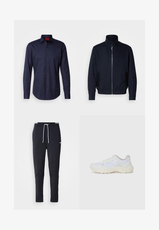 Laivansinis takki, jossa on korkea kaulus, edessä vetoketju, sivutaskut ja ribattu hihansuu. Sileä pinta, jossa on hienovarainen logo-ominaisuus rinnassa.; Tummansininen pitkähihaisu paita, jossa on hienovarainen herringbone-kuvio, napitettava kaulus ja mustat napit. Puuvillasekoitekangas, jossa on sileä rakenne.; Mustat slim-fit collegehousut, joissa on valkoinen naru, joustava vyötärö valkoisilla raidoilla ja pieni valkoinen logo reiden yläosassa.; Valkoiset urheilukengät, jotka on valmistettu verkkokankaasta ja mokasta, sisältävät tekstuurillisen välipohjan, teksturoituja yksityiskohtia ja "HUGO"-logon sivussa.