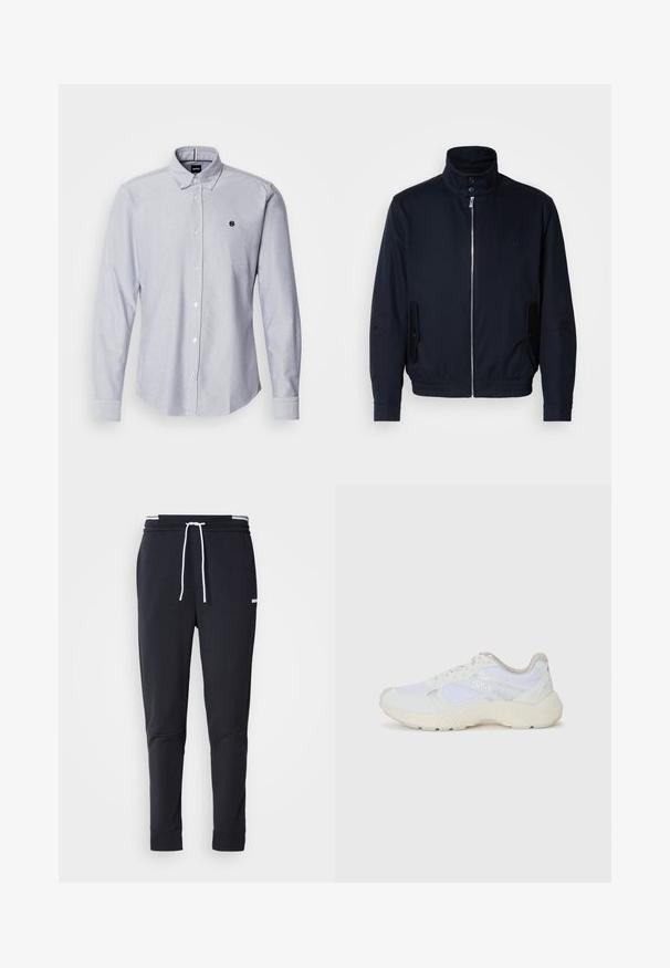 Tamsiai mėlyna striukė su aukšta apykakle, priekine užtrauktuku, šoninėmis kišenėmis ir gipiūriniais rankogaliais. Lygus paviršius su subtiliu logotipu ant krūtinės.; Šviesiai mėlyna mygtukinė marška su ilgomis rankovėmis, pagaminta iš struktūrinio audinio. Kairėje krūtinės pusėje yra mažas logotipas ir standartiniai rankogaliai.; Juodi liekni džinsai su balta raišteliu, elastinga juosmens juosta su baltais raštais ir maža balta logotipu viršutiniame šlaunies taške.; Balti sportiniai bateliai, pagaminti iš tinklinės medžiagos ir zomšos, su tekstūruotu viduriu, tekstūruotais akcentais ir „HUGO“ logotipu šone.